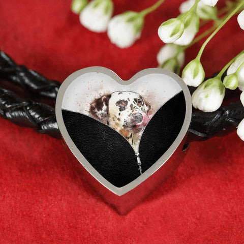 Dalmatian Dog Art Print Heart Charm Leather Woven Bracelet-Free Shipping