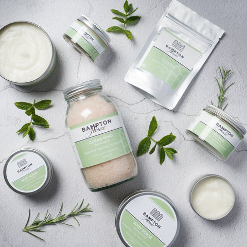 Flat lay of Clear Mind products scrub salts balm