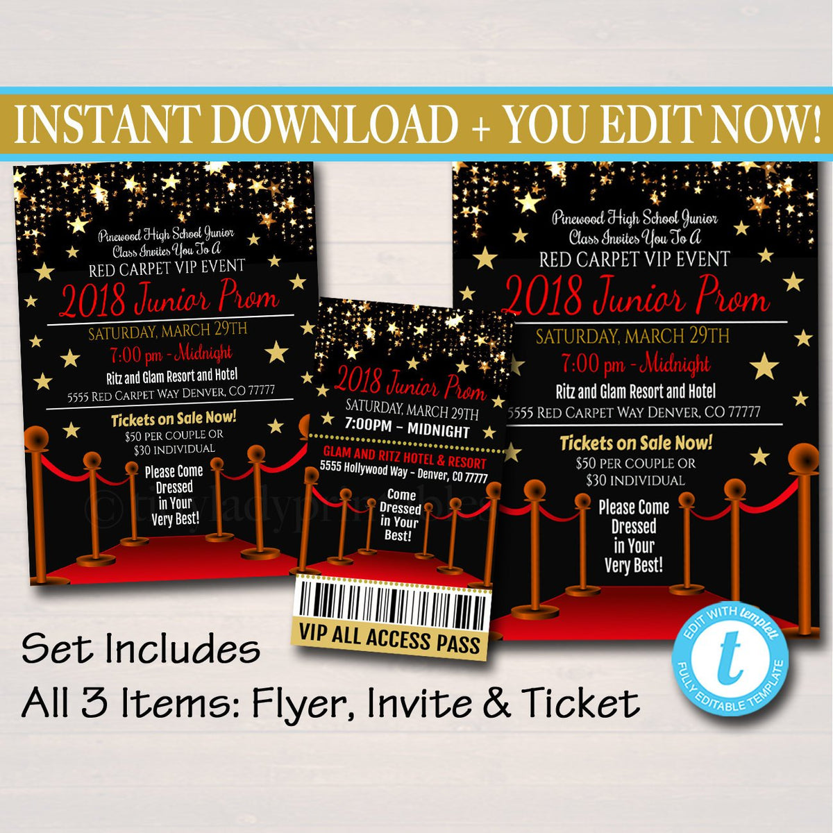 dance prom hollywood flyer carpet ticket invitation under stars