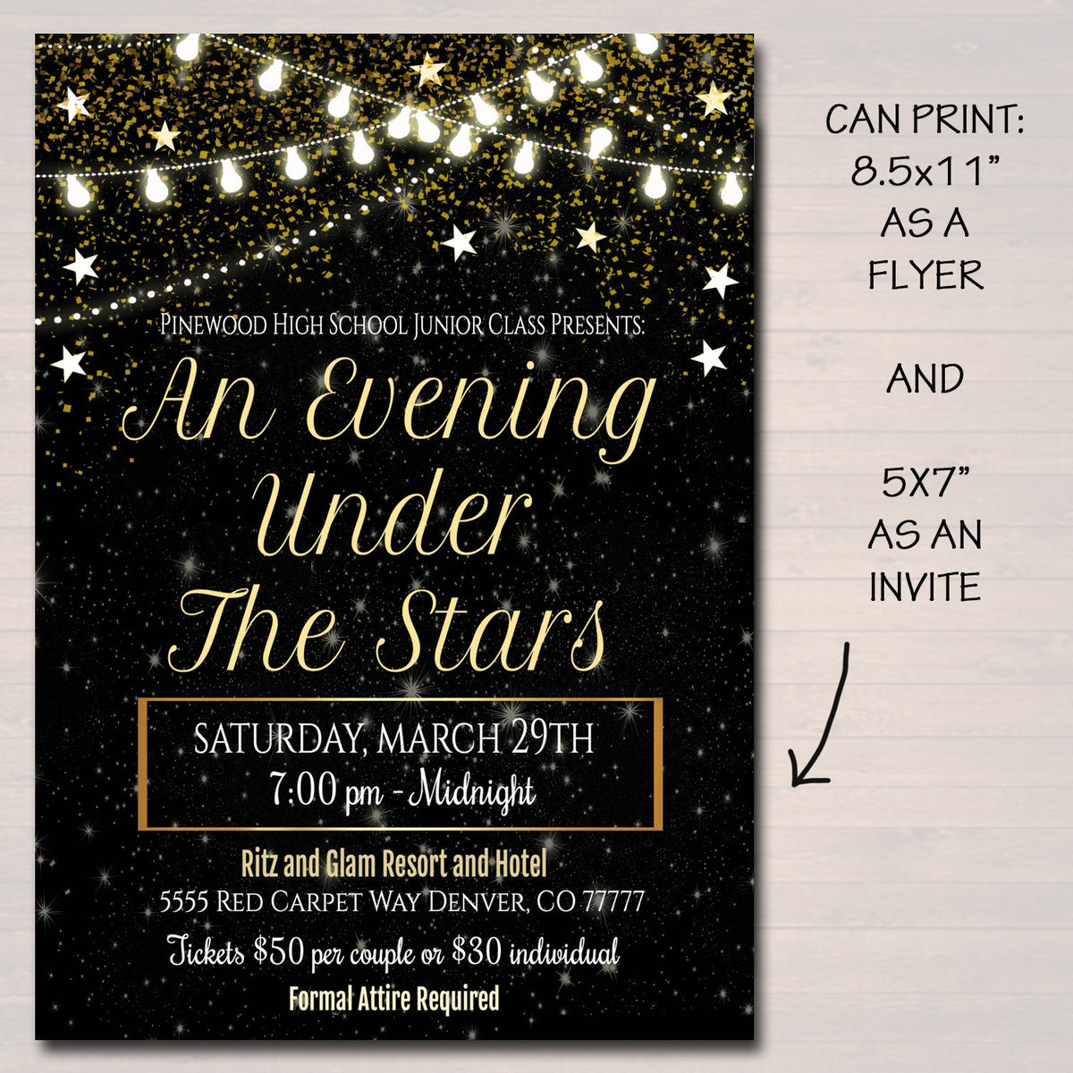 Prom Set, Dance Flyer Invitation Ticket Starry Night, Gold Glitter Und