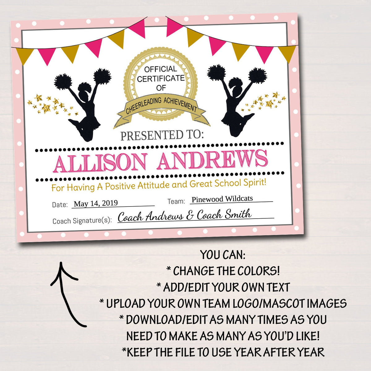 Free printable cheerleading certificate awards