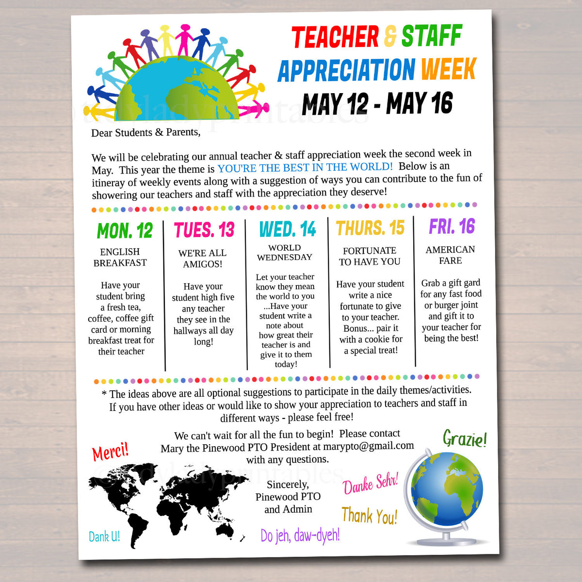 World Theme Teacher & Staff Appreciation Week Printable TidyLady