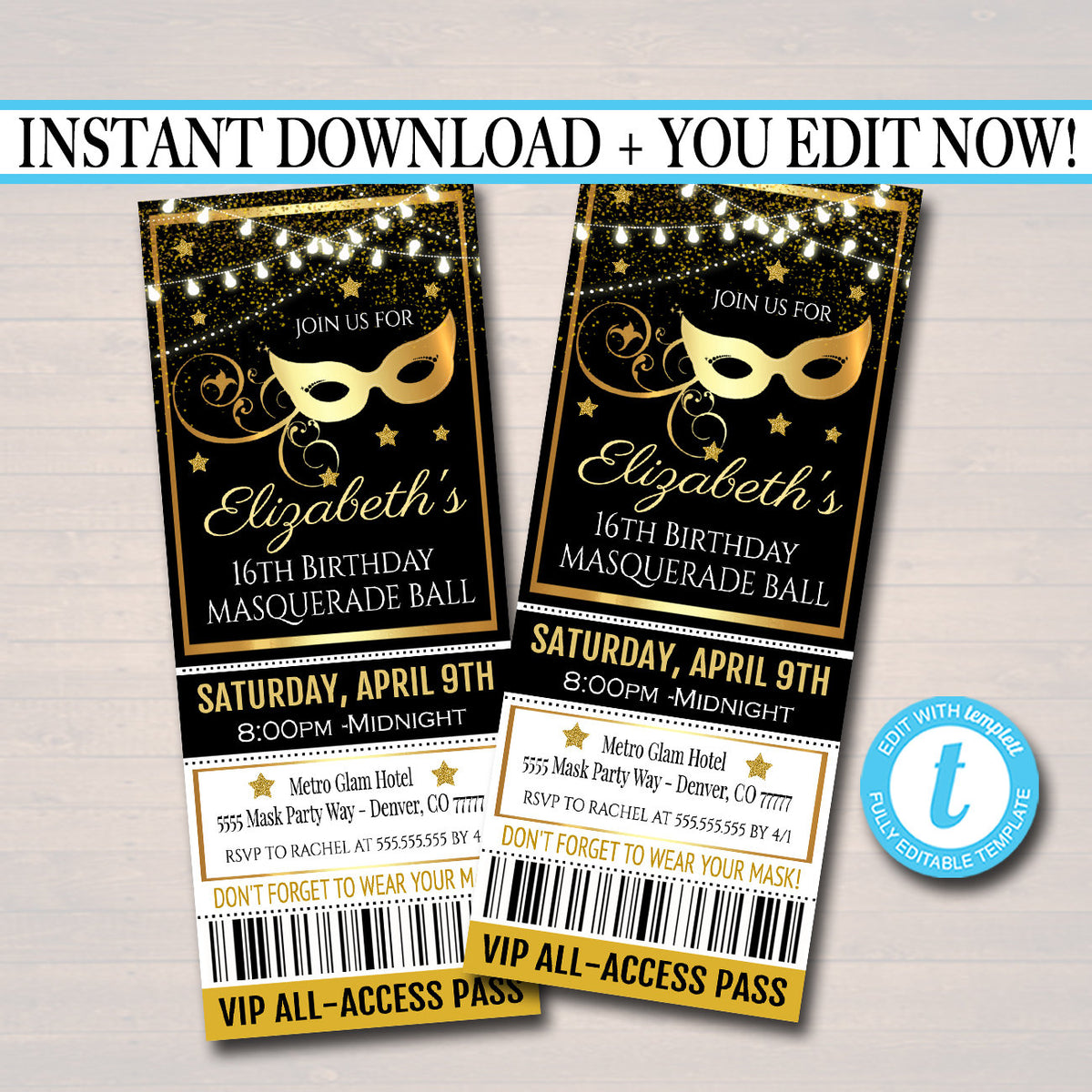 editable-masquerade-ball-ticket-invitation-birthday-party-invite-glam