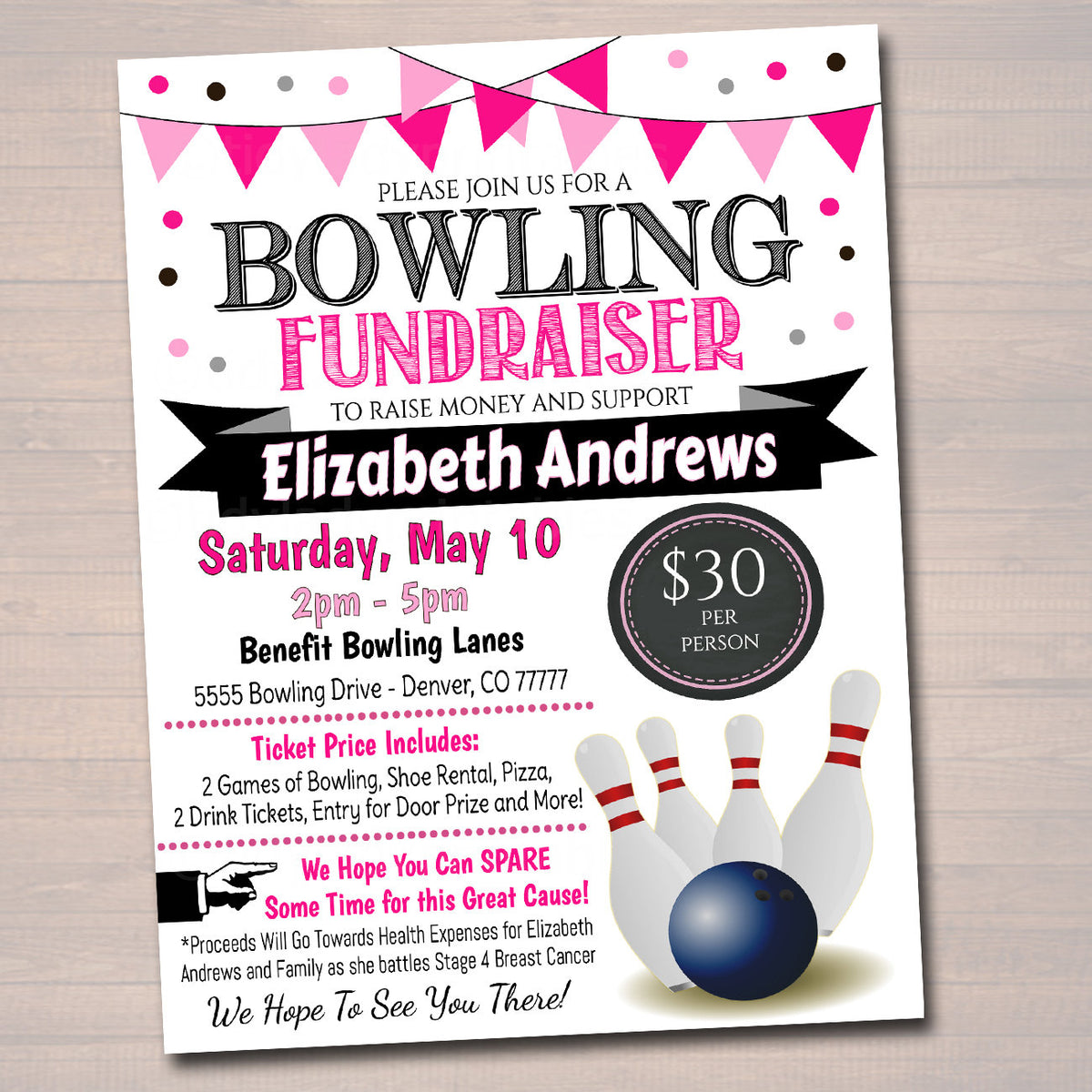 Cancer Bowling Fundraiser Event Flyer  TidyLady Printables Intended For Cancer Fundraiser Flyer Template