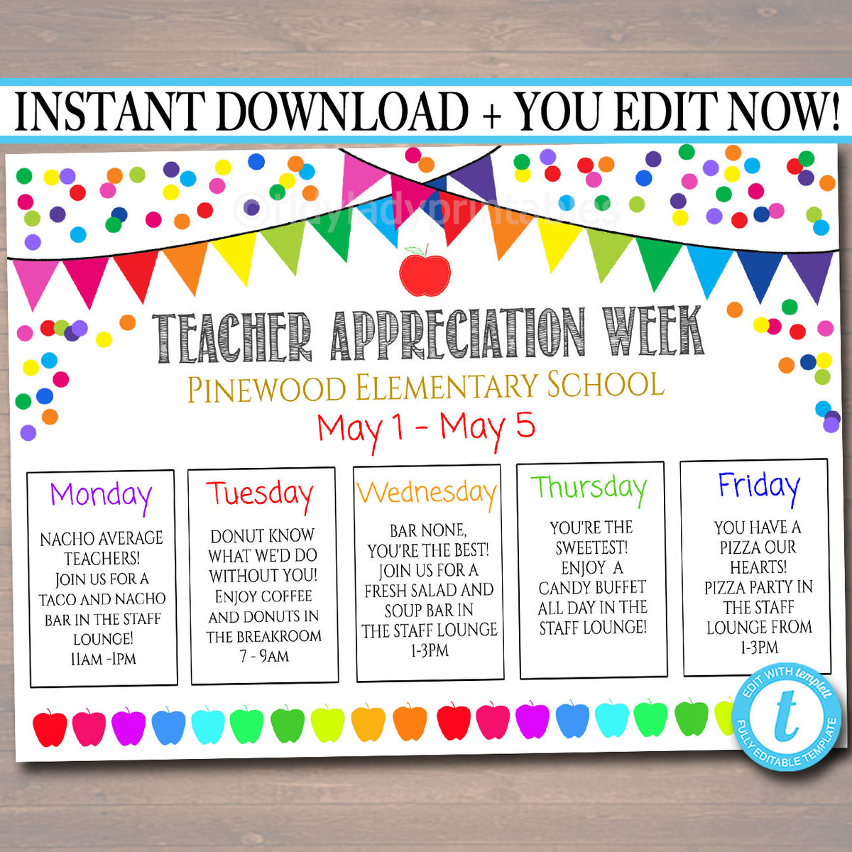 Teacher & Staff Appreciation Week Itinerary Poster Printable TidyLady