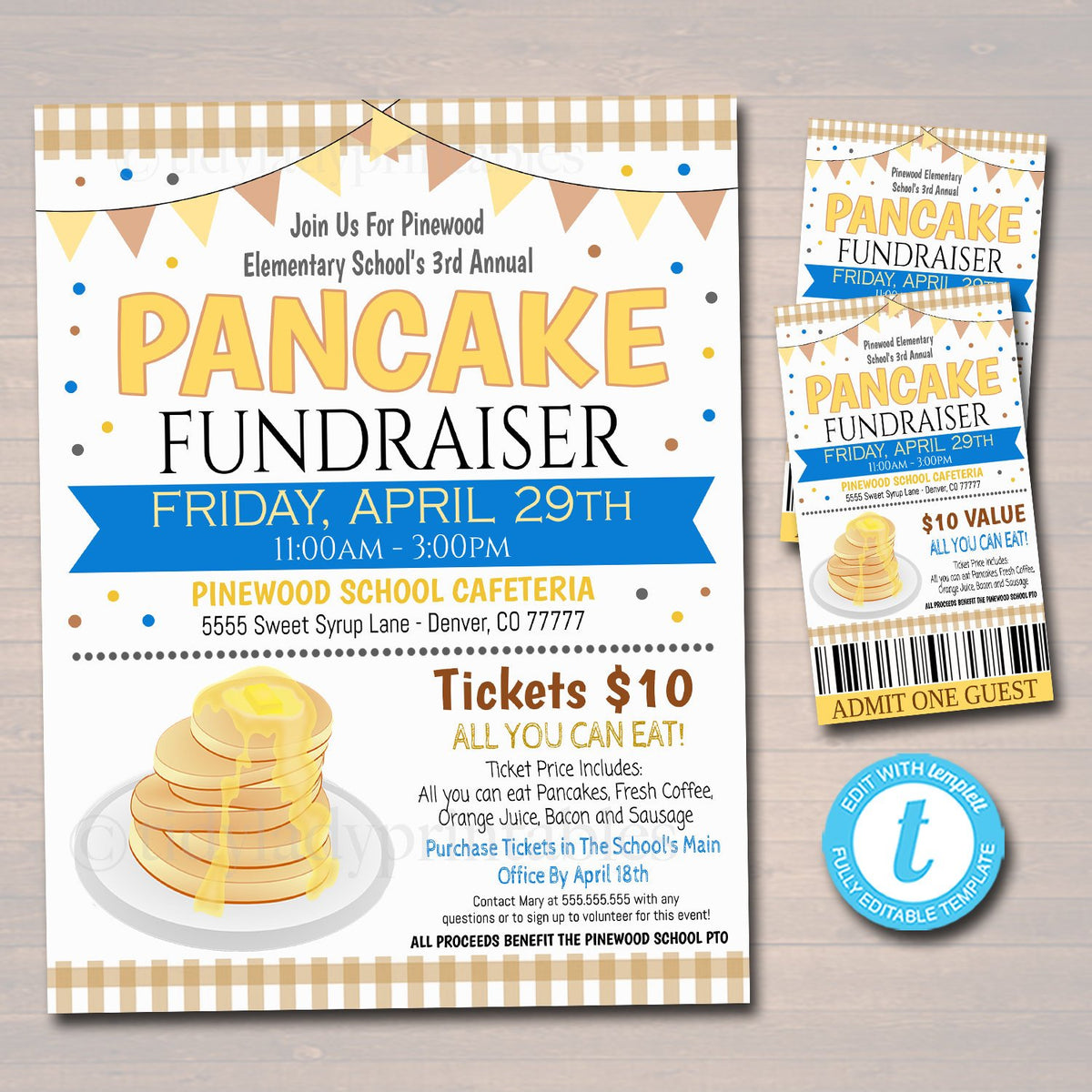 EDITABLE Pancake Breakfast Fundraiser Flyer Ticket Set, pto pta, Churc