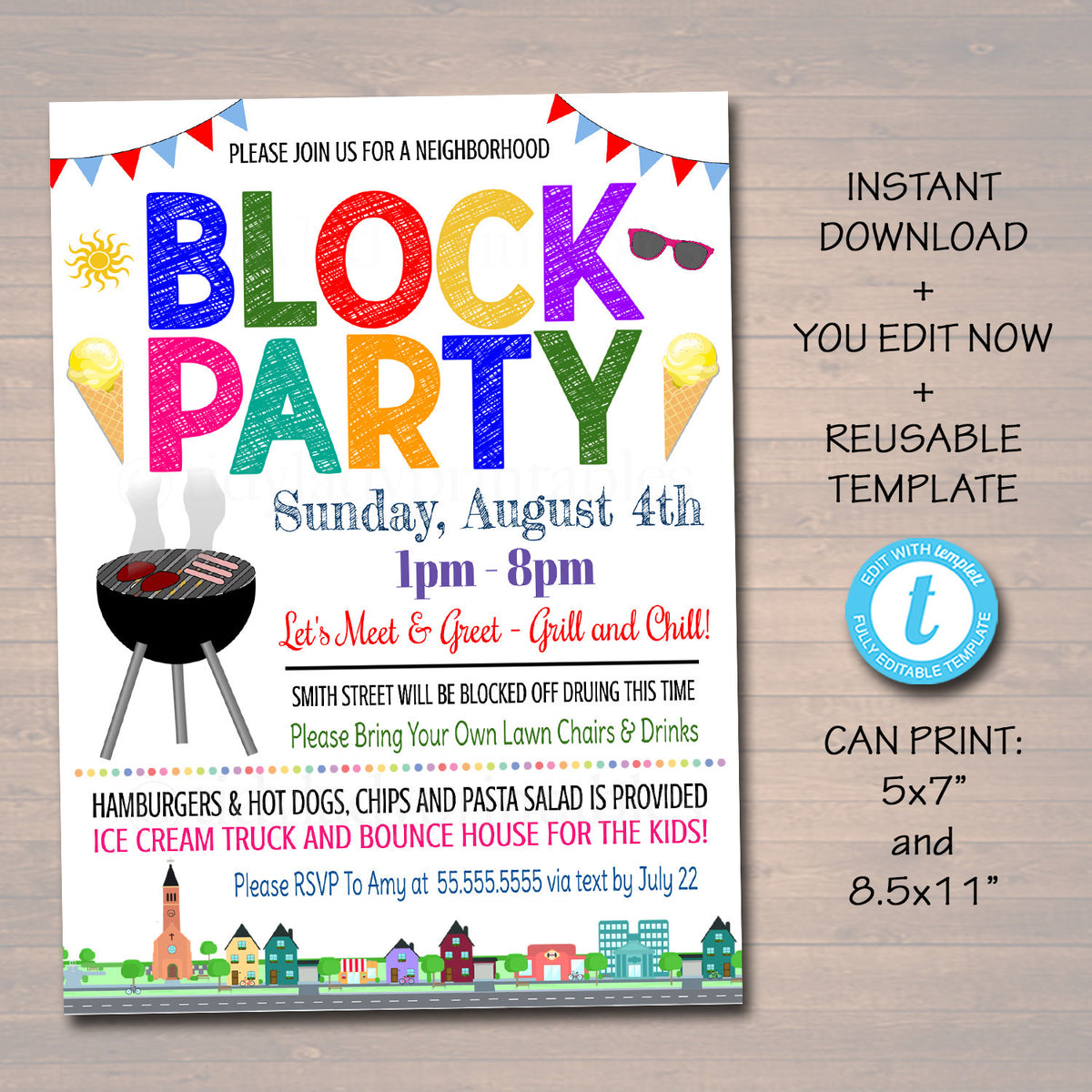 Neighborhood Block Party Invite, Printable Invitation, Bbq Picnic Summ