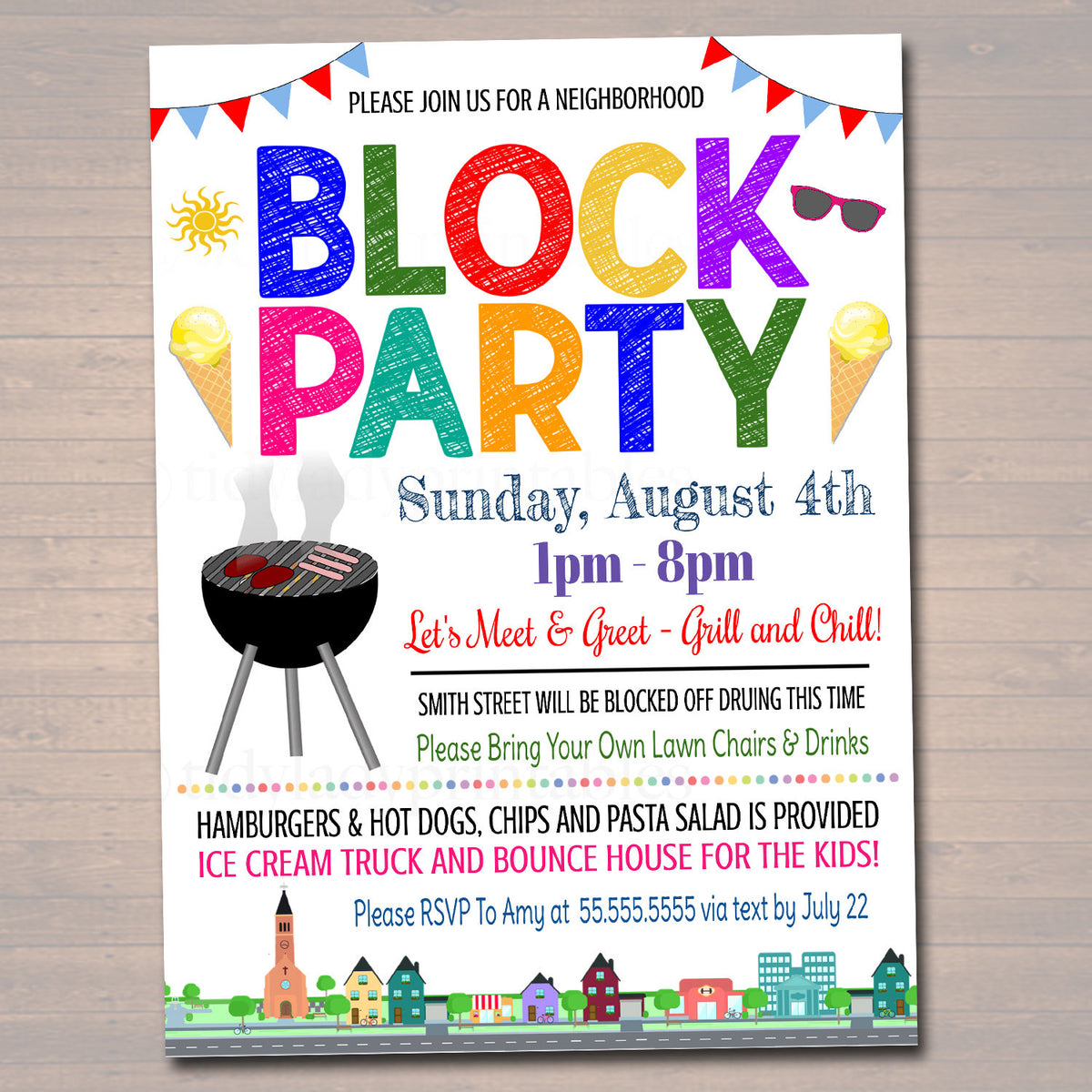 Neighborhood Block Party Invite, Printable Invitation, Bbq Picnic With Regard To Block Party Template Flyer