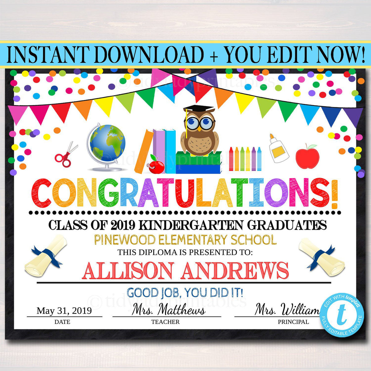 EDITABLE Graduation Certificate ANY GRADE Printable Diploma Kindergart