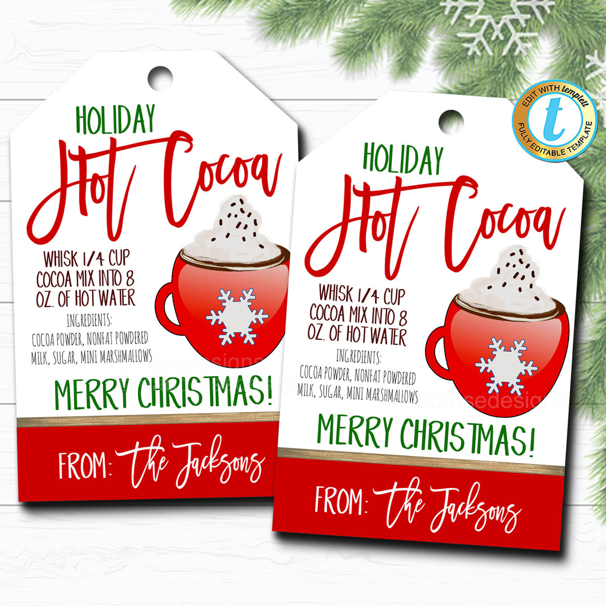 Christmas Gift Tags, Hot Cocoa, Hot Chocolate Recipe Tag Holiday Teach