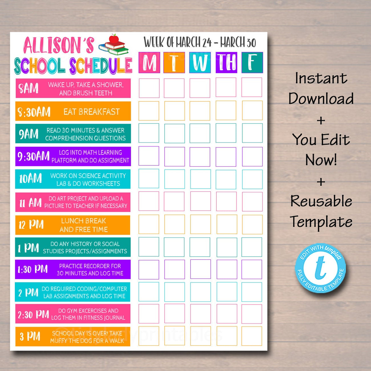 Homeschool Schedule - Weekly Checklist Editable DIY Template – TidyLady