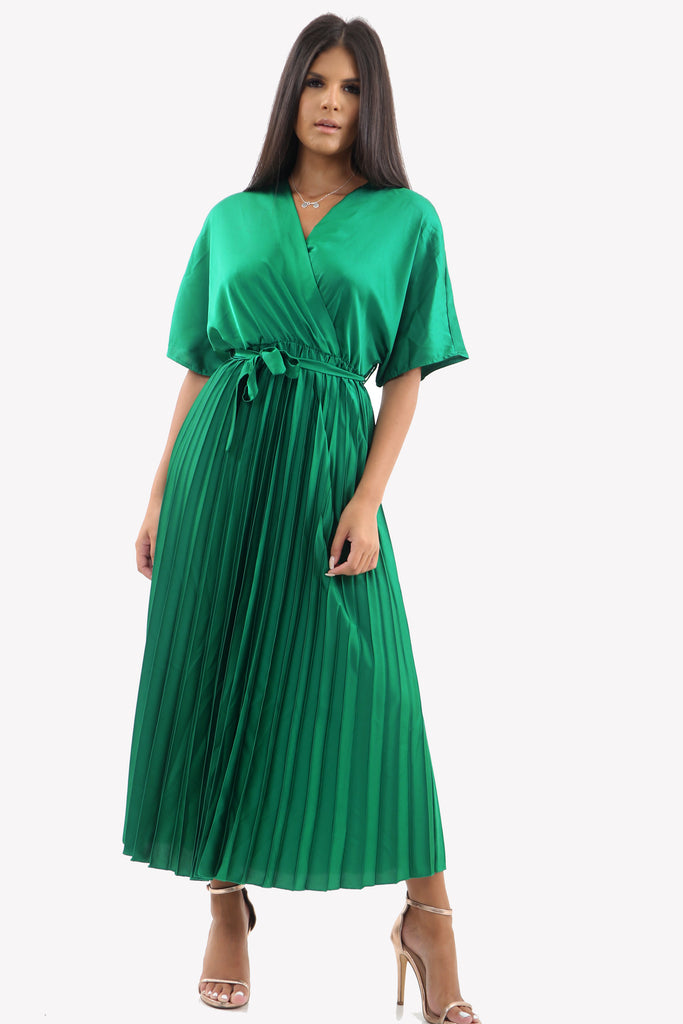 Satin Batwing Pleated Maxi Dress In Emerald Green Occasion Dresses Ivykove 1448