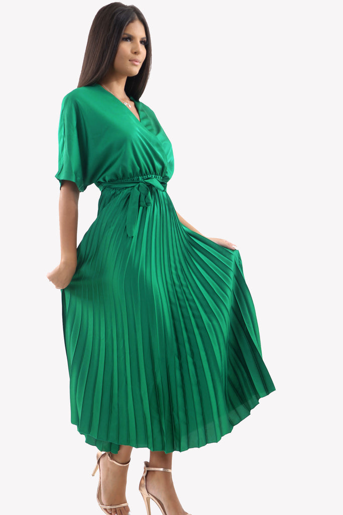 Satin Batwing Pleated Maxi Dress In Emerald Green Occasion Dresses Ivykove 6596