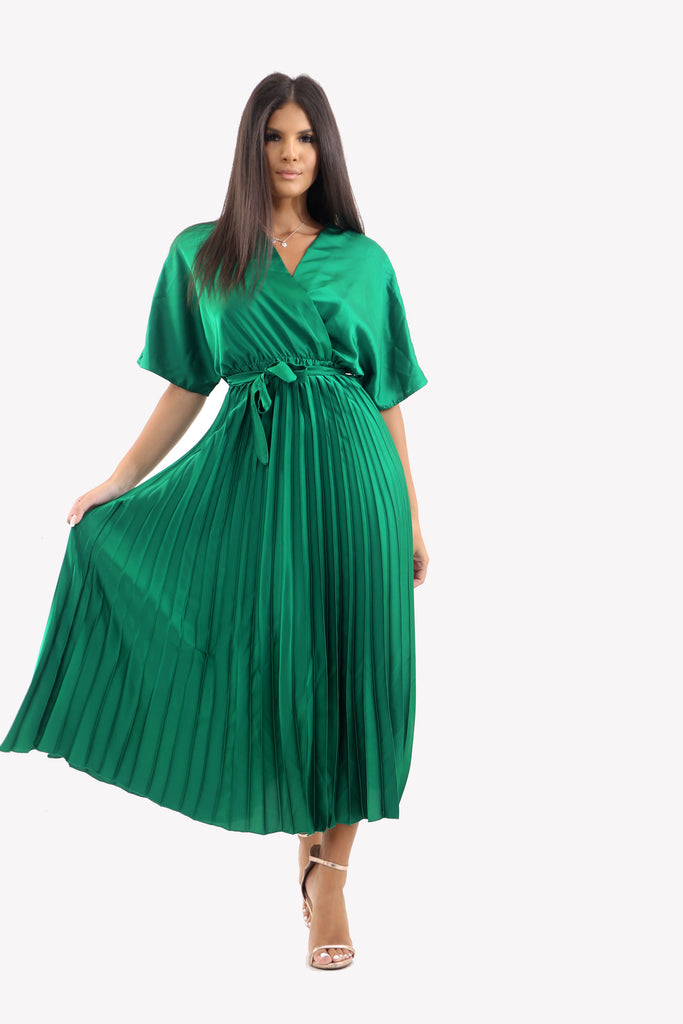 Satin Batwing Pleated Maxi Dress In Emerald Green Occasion Dresses Ivykove 7585