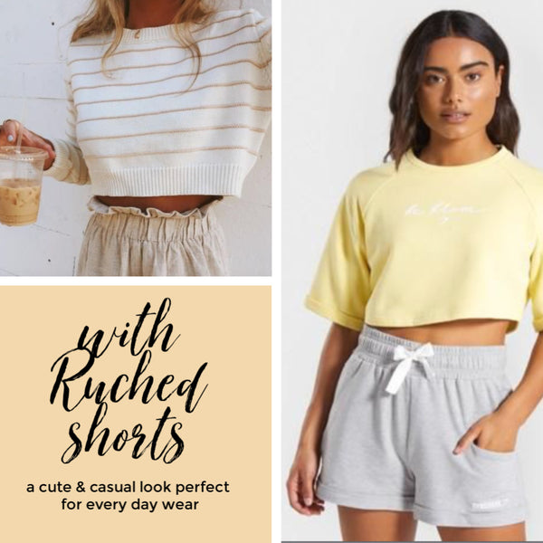 Friday apparel how to style cropped sweaters ruched shorts paperbag waist