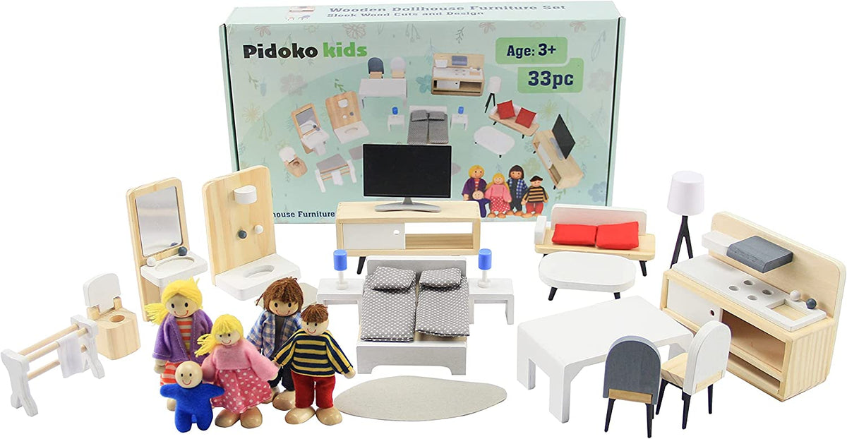 Dollhouse Furniture (33 Pcs) and 5 Family Dolls - DIY Accessori – Pidoko Kids