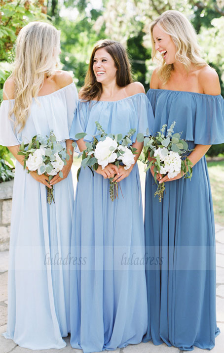 light blue off the shoulder bridesmaid dress