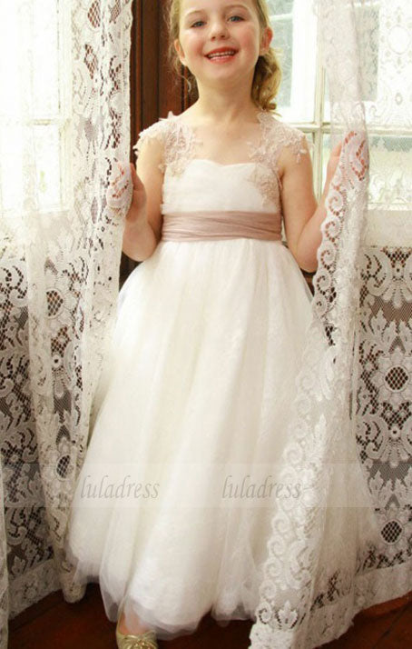 A Line Jewel Floor Length White Tulle Flower Girl Dress With