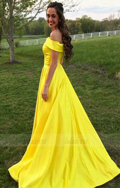 yellow off the shoulder formal dress