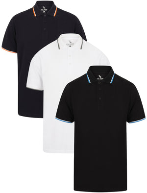 Ravi 3 Pack 100% Cotton Pique Polo Shirt in Navy / Jet Black / Optic White - South Shore