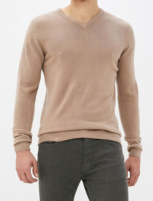 Silvo Soft Cashmillon V Neck Jumper In Taupe - Kensington Eastside