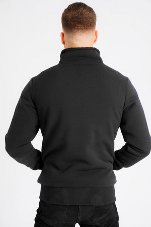 Percy Funnel Neck Zip Through Chunky Sweat With Borg Lining In Jet Black - Dissident