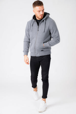 Bolo 2 Zip Through Chunky Hoodie With Borg Lining In Mid Grey Marl - Dissident