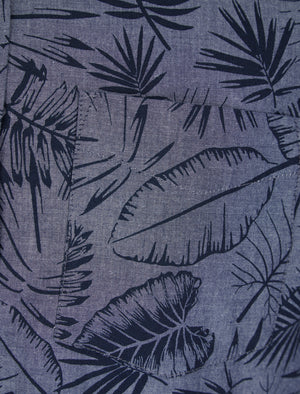 Kaveri Palm Leaf Print Short Sleeve Cotton Chambray Shirt in Mid Blue - triatloandratx