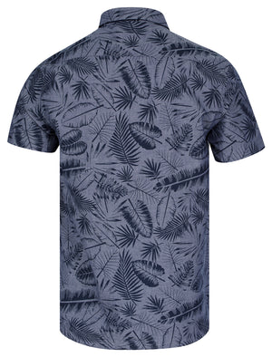 Kaveri Palm Leaf Print Short Sleeve Cotton Chambray Shirt in Mid Blue - triatloandratx