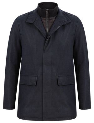 Indus Wool Look Funnel Neck Collar Tailored Coat with Quilted Mock Insert in Navy - triatloandratx