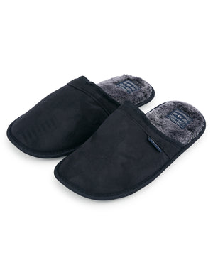 Tundra Faux-Suede Mule Slippers with Faux Fur Lining in Jet Black - triatloandratx