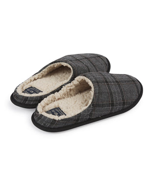 Deagal Faux Wool Checked Mule Slippers with Sherpa Fleece Lining in Grey - triatloandratx