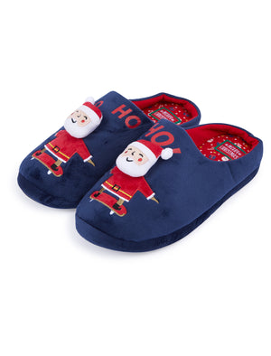 Men's Ho Ho Santa 3D Christmas Mule Slippers in Navy - Merry Christmas