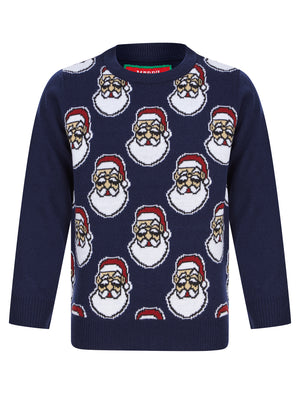 Boy's Santa Head Repeat Novelty Christmas Jumper in Ocean Cavern - Merry Christmas Kids (4-12yrs)