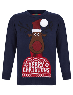 Boy's Reindeer 3D Pom-Pom Novelty Christmas Jumper in French Navy - Merry Christmas Kids (4-12yrs)