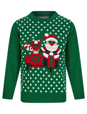 Boy's Sidecar Polka Dot Novelty Christmas Jumper in Christmas Green - Merry Christmas Kids (4-12yrs)