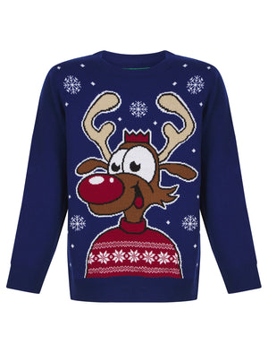 Boy's Happy Deer LED Light Up Novelty Christmas Jumper in Sapphire - Merry Christmas Kids (4-12yrs)