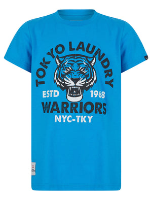 Boys Tiger Warriors Motif Cotton T-Shirt in Blithe Blue - triatloandratx Kids