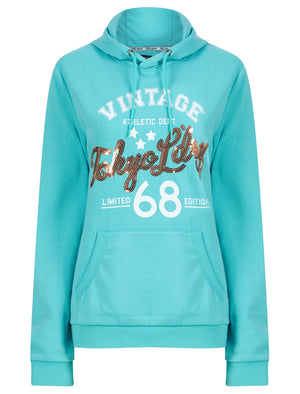 Sparked Sequin Motif Brushback Fleece Pullover Hoodie in Aqua - triatloandratx