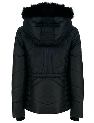 Featherington High Shine Quilted Hooded Puffer Jacket With Faux Fur Trim in Black - triatloandratx