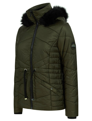 Featherington High Shine Quilted Hooded Puffer Jacket With Faux Fur Trim in Khaki - triatloandratx