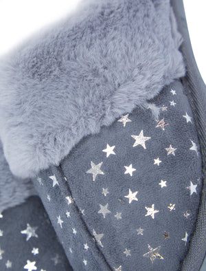 Gravity Foil Star Print Faux Suede Mule Slippers with Faux Fur Lining & Trim in Grey - triatloandratx