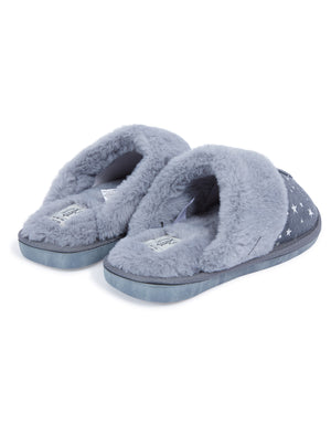 Gravity Foil Star Print Faux Suede Mule Slippers with Faux Fur Lining & Trim in Grey - triatloandratx