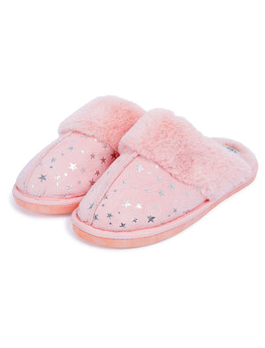 Gravity Foil Star Print Faux Suede Mule Slippers with Faux Fur Lining & Trim in Light Pink - triatloandratx