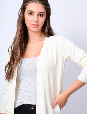 Monet V Neck Button Up Cardigan in Clean Cream - Plum Tree