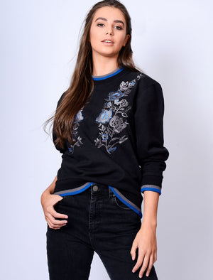 Bluebell Floral Rose Embroidered Sweatshirt in Jet Black - triatloandratx