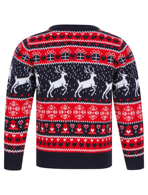 Girl's Snow Reindeer Nordic Fairisle Novelty Christmas Jumper in Ink - Merry Christmas Kids (4-12yrs)