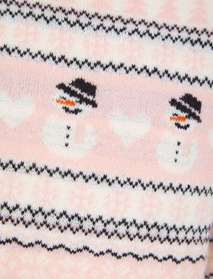 Girl's Snowman Jacquard Nordic Fairisle Novelty Christmas Jumper in Almond Blossom - Merry Christmas Kids (4-12yrs)