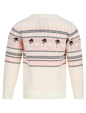 Girl's Snowman Jacquard Nordic Fairisle Novelty Christmas Jumper in Almond Blossom - Merry Christmas Kids (4-12yrs)