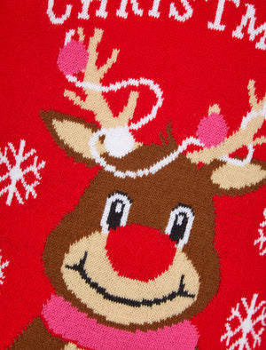 Girl's Reindeer Merry Novelty Christmas Jumper in Tokyo Red - Merry Christmas Kids (4-12yrs)